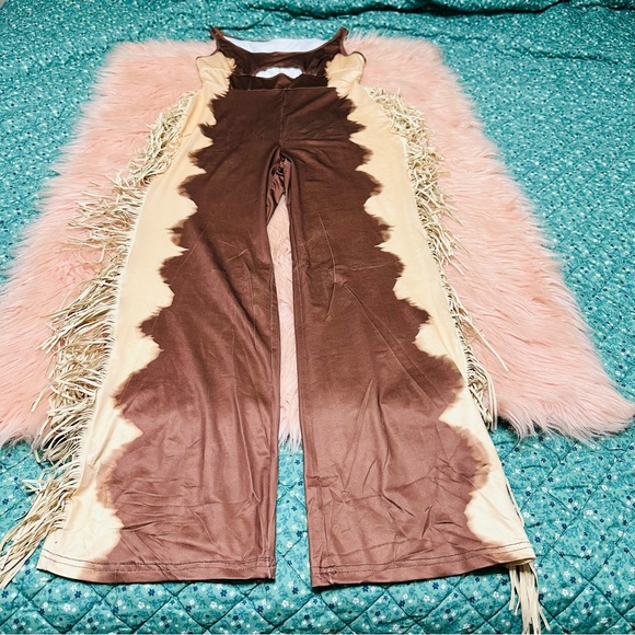 U Neck Cutout Wide Leg Side Fringed Sleeveless Jumpsuit-Brown/Tan - Picture 10 of 15